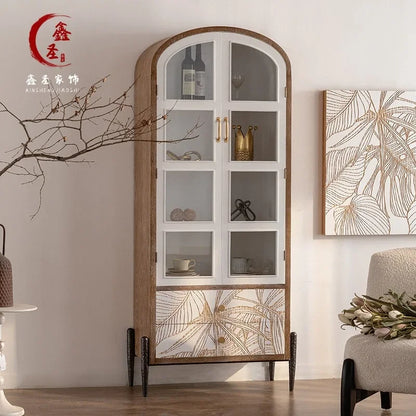 Modern Solid Wood Carving Flower Sideboard Buffet Cabinet with Door, Large Kitchen Storage Cabinet with Solid Wood Console Table