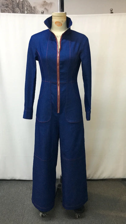 Sexy Women Lapel Retro Zipper Jumpsuit Long Sleeve Wide Leg Denim Style Casual Streetwear Daily Commute Dating Gathering...