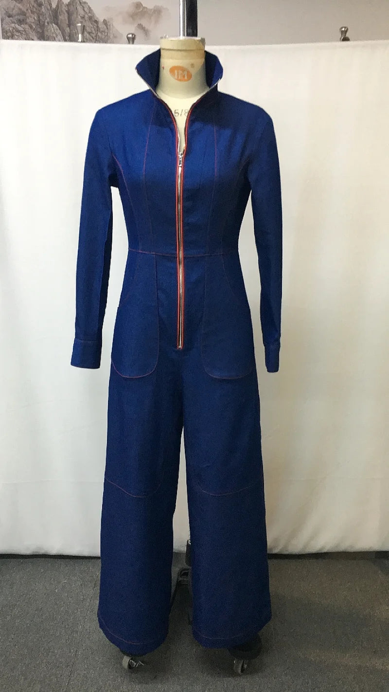 Sexy Women Lapel Retro Zipper Jumpsuit Long Sleeve Wide Leg Denim Style Casual Streetwear Daily Commute Dating Gathering...