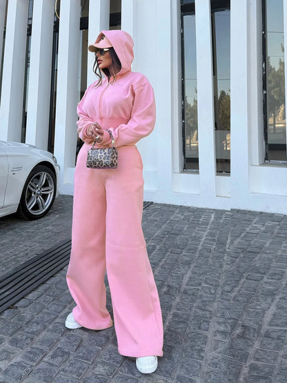 Women's Hooded Zipper Elastic Waist Jumpsuit Long Pants Sports Casual Solid Color Comfortable Casual Cross-Border Style