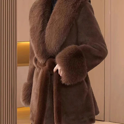 Autumn Winter New 2025 Fur Collar Fox Fur Jacket Women's Overcoat Tight Waist Thickened Warm Parka Loose Chic Fur Jacke