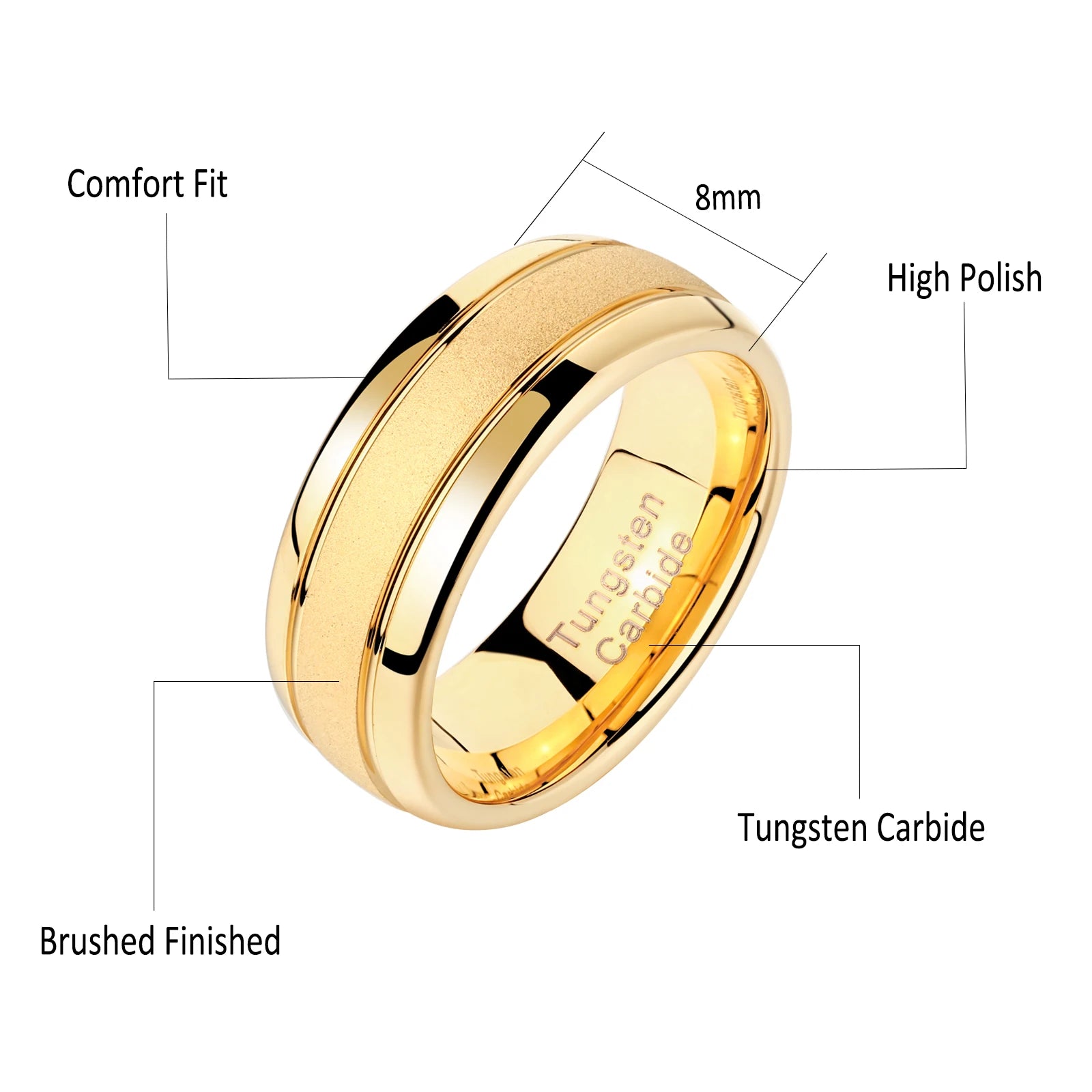 Men's Golden Color Wedding Rings 8mm Tungsten Carbide Frosted Band Charm Jewelry for Men Size 7-13