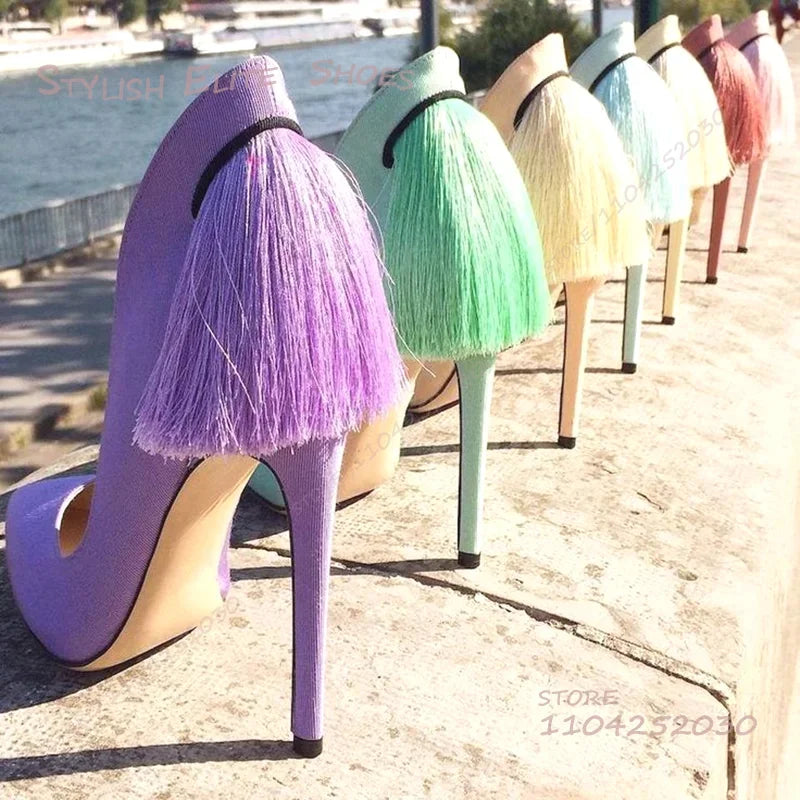 Purple Heel Tassel Suede Stiletto Feather Sandals Pointed Heels Women Hollow Pump Red Light Yellow Dance Fuchsia Cute...