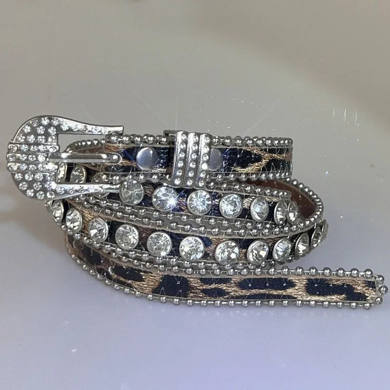 Sexy Leopard Rhinestone Belt Women's Bling Belt Punk Y2k Metal Buckle Sequin Belts Pu Fashion Waistband Jeans Pants...