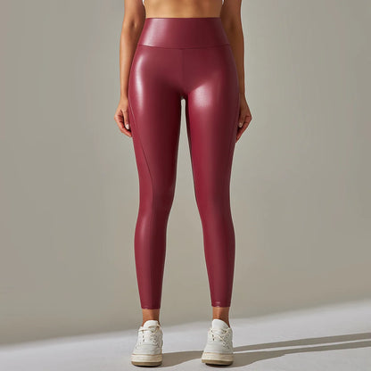 Women's New Elastic Bright PU Patchwork Leather Pants Colorful High Waist Tight Fit Hip Up Outwear Sexy Stretch Yoga Leggings