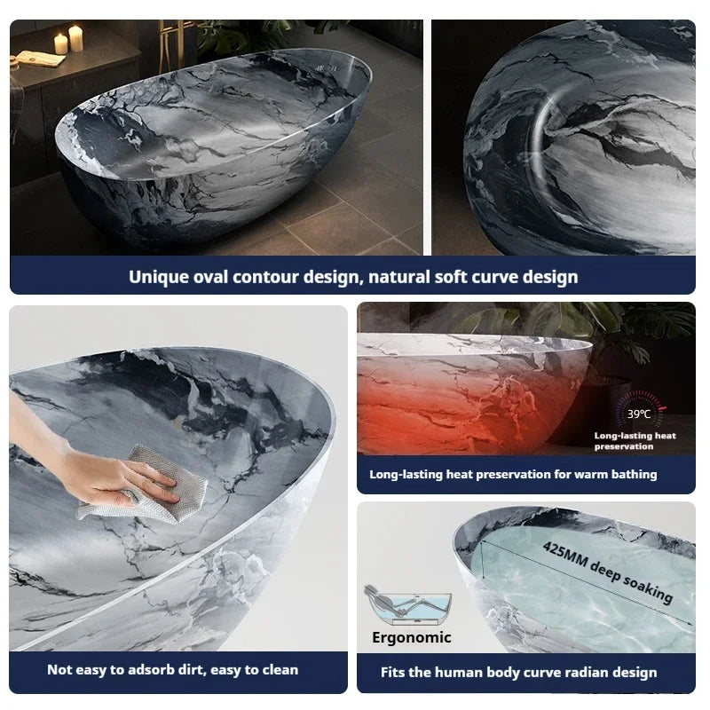 Luxury marble-patterned freestanding bathtub, oval-shaped artificial stone soaking tub, suitable for hotels and villas.