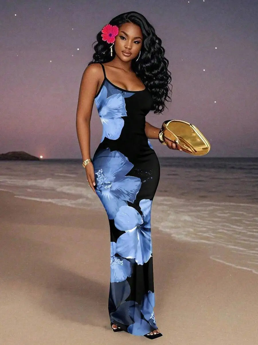 Womens Floral Print Elegant Waist Cinched Long Strap Dress For Party,Summer Dresses For Women