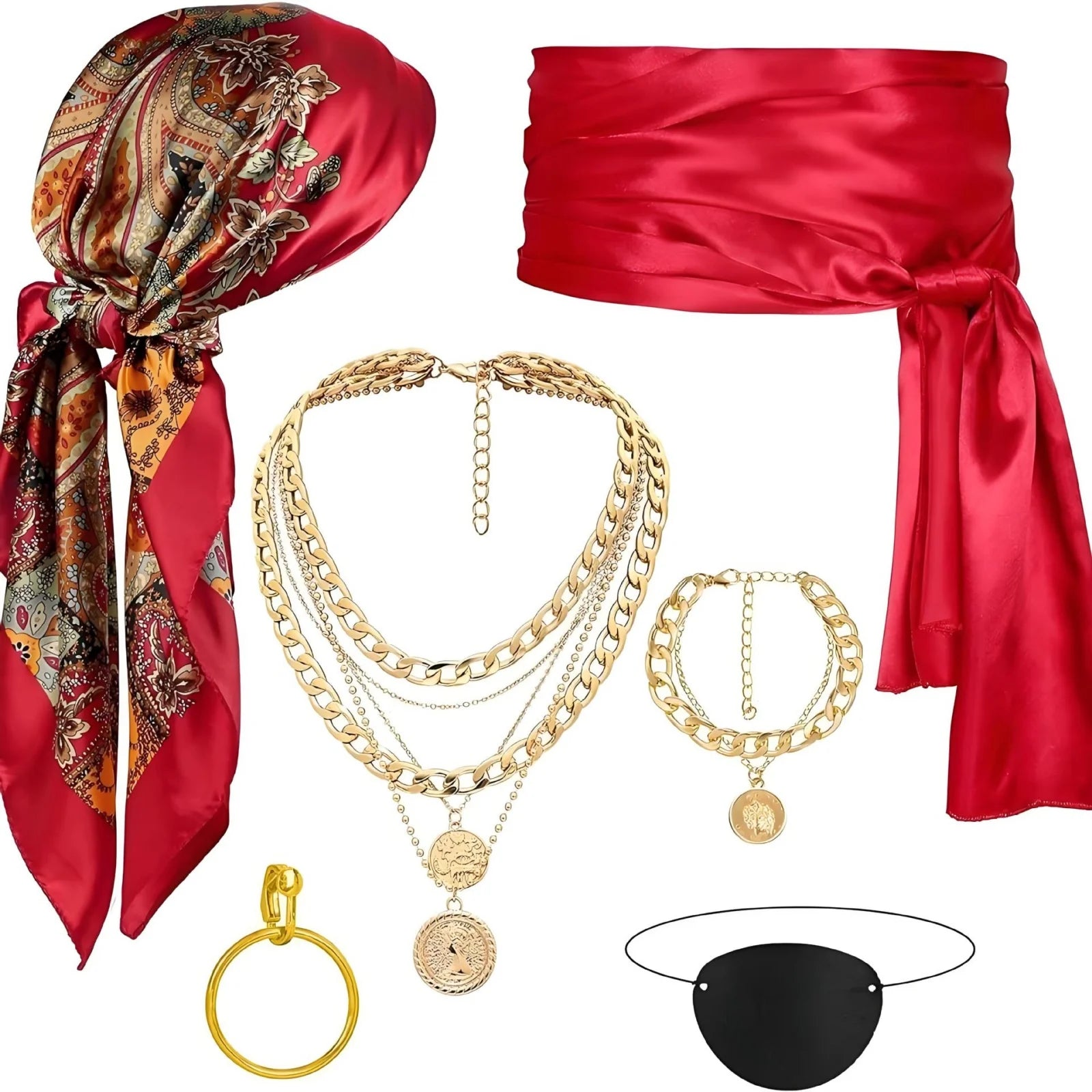 6pcs Halloween Pirate Cosplay Accessory Set - Headscarf, Waist Belt, Necklace, Eye Mask. Red/Black, Ideal for Halloween Parties