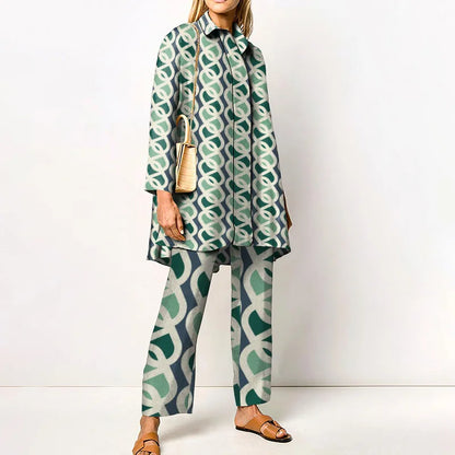 Autumn New Vintage Printed Pant Sets Women Long Shirts And Wide Legs Trousers Two Piece Set Fashion Trendy Streetwear Lady Suits