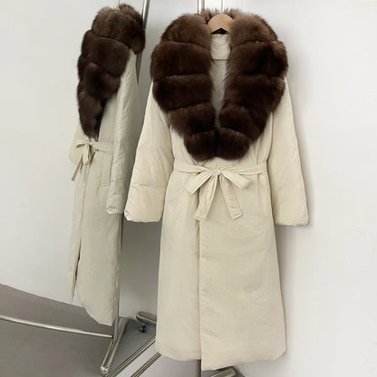OFTBUY Long Puffer coat Real Fox Fur White Duck Down Coat New Winter Women Collar Fluffy  Jacket Female Thick Warm Reality Fur