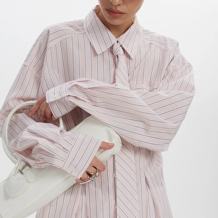 Women's Collar Striped Shirt with Asymmetrical Hem and Waist Cinching 2026 Spring summer Fashionable Casual Office...