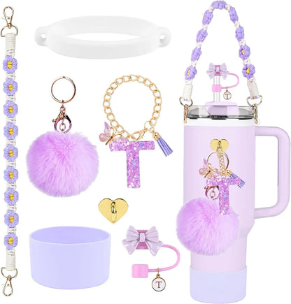 7PCS Accessories Set for Stanley Cup Purple Straw Topper Cup Boot Water Bottle Handle Strap Letter Charms 40oz 30oz Tumbler
