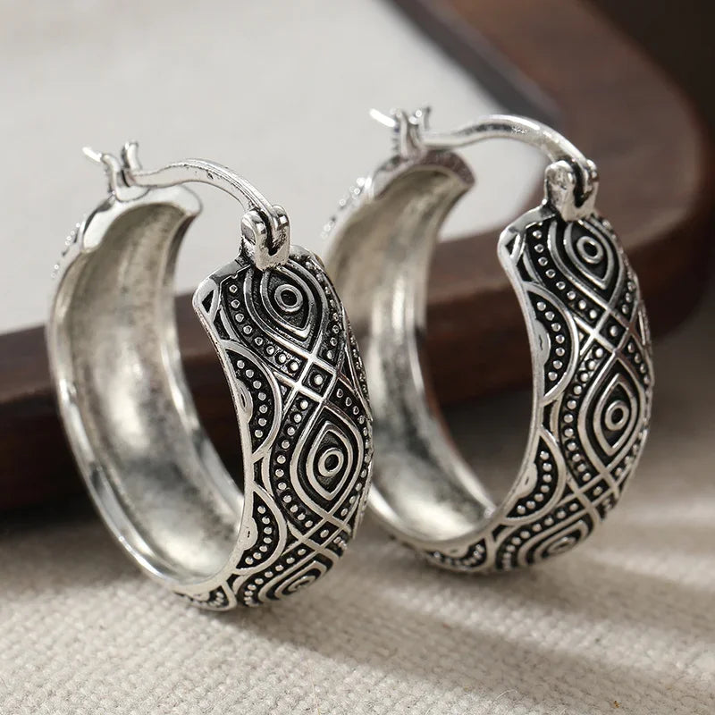 Exotic Style Carving Pattern Hoop Earrings Classic Silver Plated Bohemian Style Women's Earrings Fashion Jewelry...