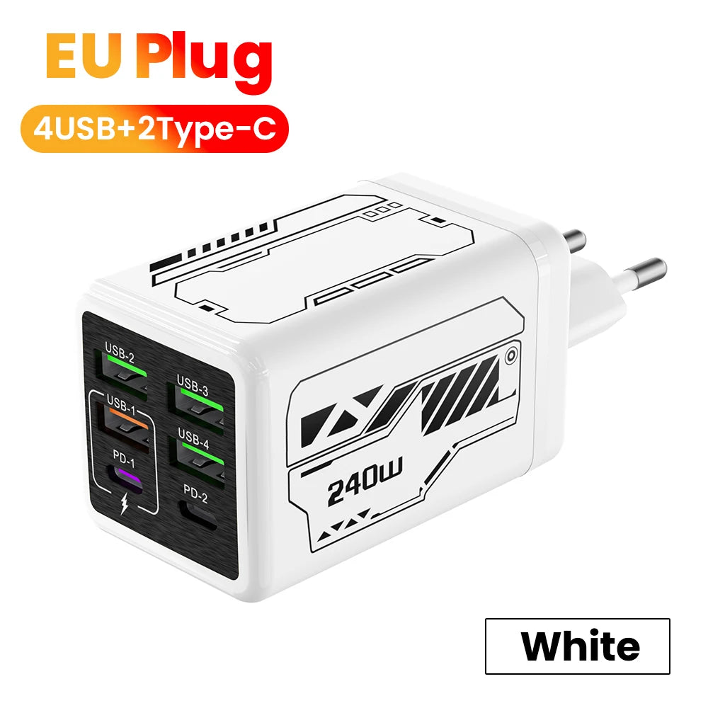 240W 6 Ports 4USB+2Type C Super Fast Charging Mobile Phone Charger USB3.0 PD3.0 EU/UK/US Charger For Iphone 17 16 Samsung POCO