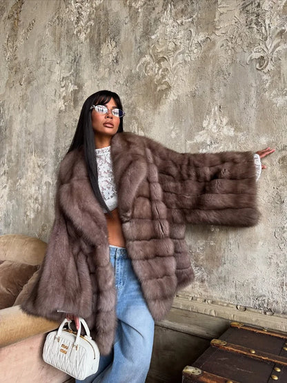 Women Elegant Fake Fur Coat Bell Sleeve Lapel Suede Surface Girdle Coats Unique Luxury Temperament 2025 New Winter High Street