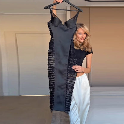 Sexy Cutout Lace Trim Satin Bodycon Midi Dress Women's Elegant Strap Slim Sleeveless Dresses Lady New Trend Club Date Night - Kimlud