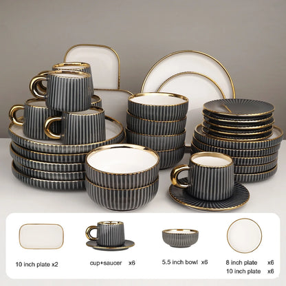 32pcs/set under glazed ceramic dinner set plate bowl cup saucer set with gold trim for 6 people | Kimlud Luxury Rug