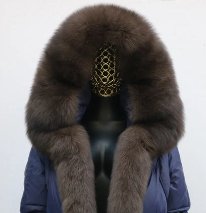 New Fashion Outerwear Puffer Jacket 2024 Women Coat White Duck Down Jacket Super Large Real Silver Fox Fur Collar Hooded