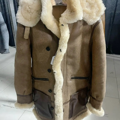 Winter Men Original Fur Coat Mid-length Thickened Sheepskin Leather Coat Bomber Hooded Wool Lining Warm Snow Men's Clothing