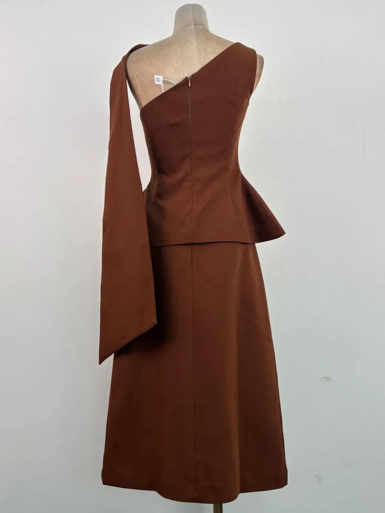 Eshin Luxury Brown Two-Piece Set Women Elegant One-Shoulder Peplum Top And High-Waisted Maxi Skirt With Sash Dubai SA1471 - Kimlud