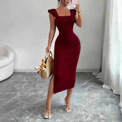 Women's Square Neck Ruffle Strap Sleeveless Side Slit Stretchy Ribbed Knit Bodycon Maxi Dress Party Wedding Long Dress Outfits