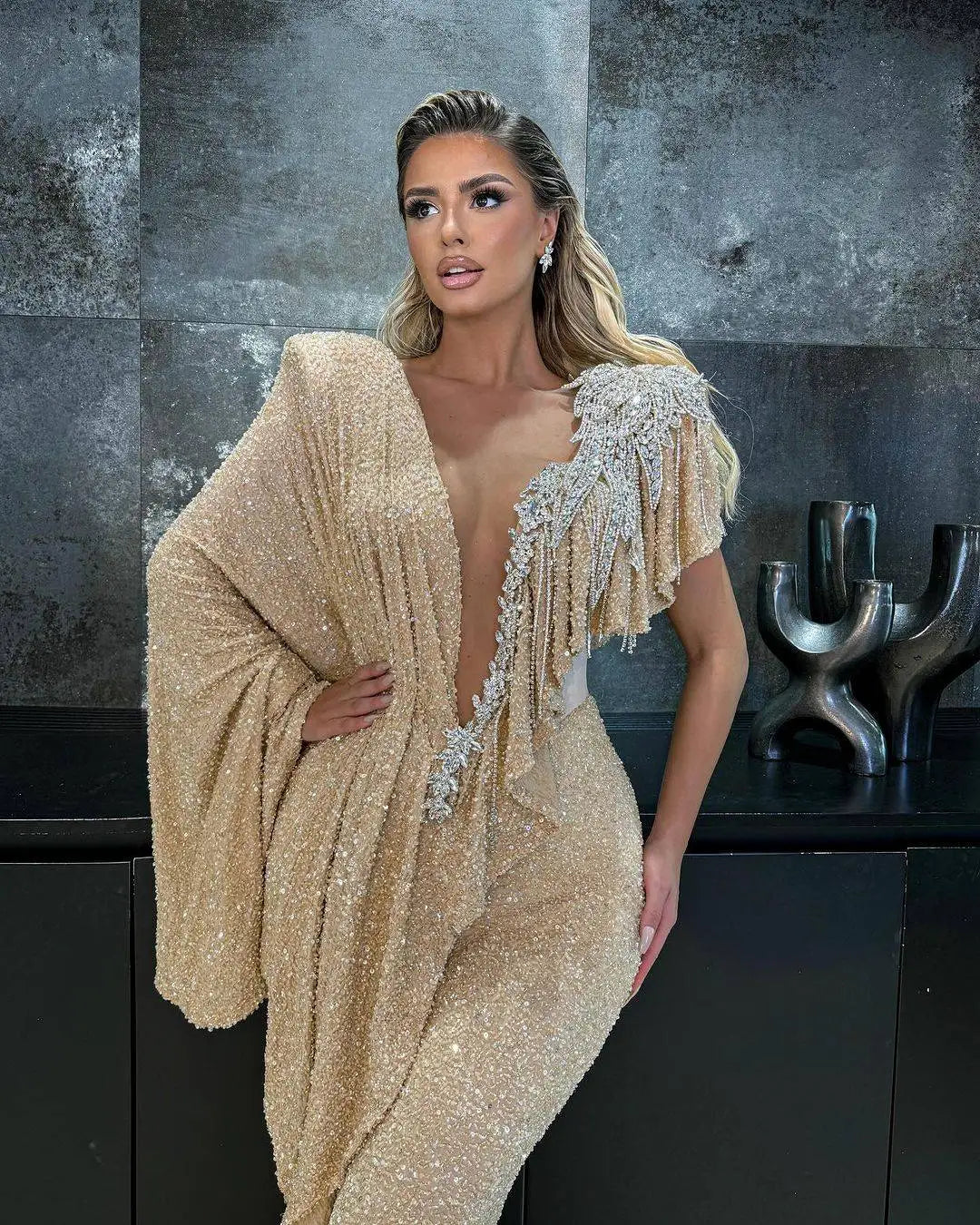 llusion Mermaid Evening Dress For Black Women Sequined V Neck Crystal Beading Prom Gowns Formal Party Second Reception Dresses - Kimlud