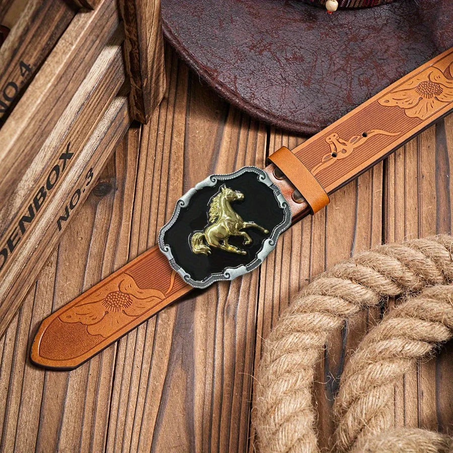 Western men's denim belt, retro belt, wild horse buckle, hip-hop personality, retro style, unisex matching with jeans/casual pan
