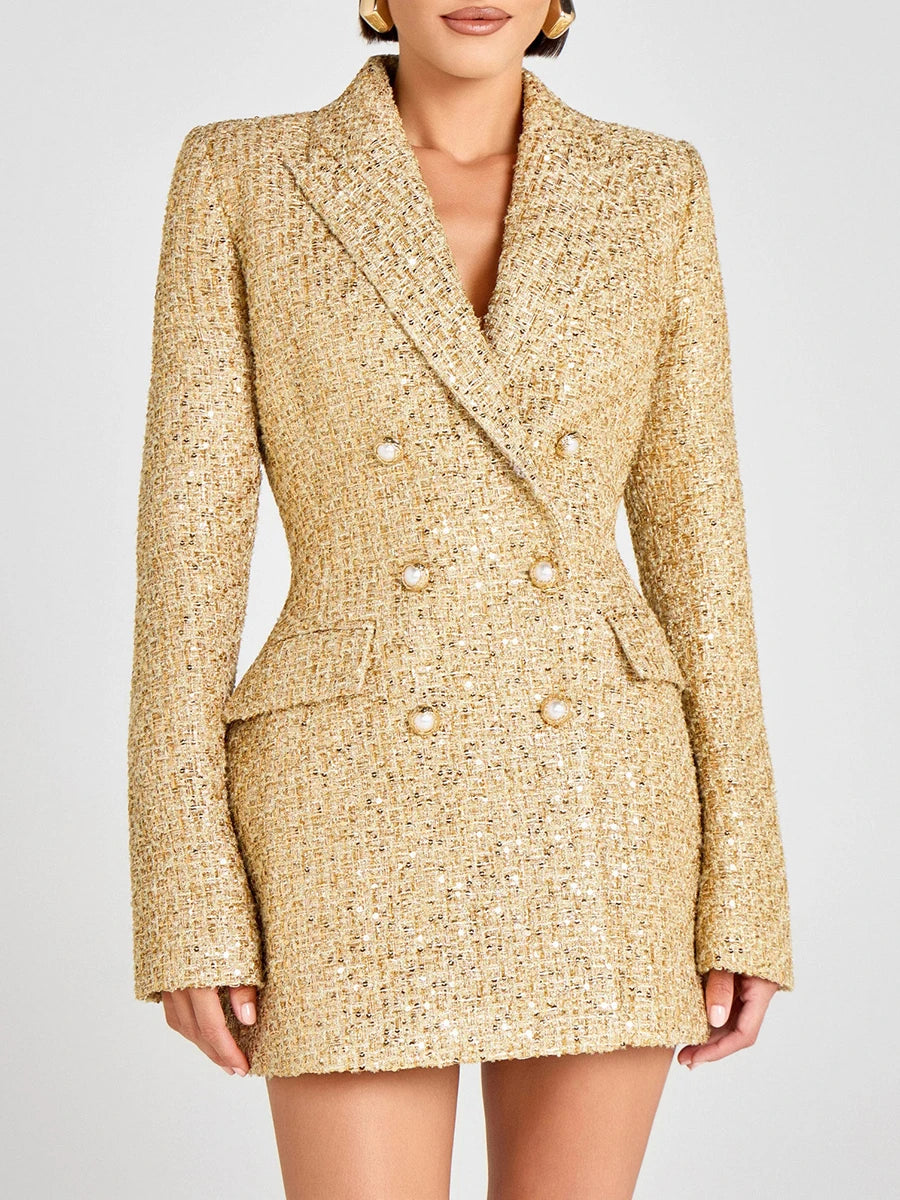 TWOTWINSTYLE Slimming Spliced Sequins Temperament Coats for Women Lapel Long Sleeves Tunic Patchwork Double Breasted Coat Female - Kimlud