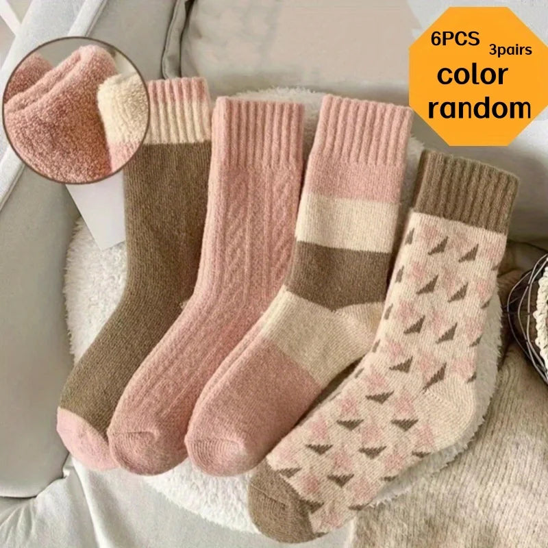 6Pcs (3 Pairs Mixed Colors) Thick Socks, One Size Fits All, Women's Autumn and Winter Mid-Calf Socks, Trendy Style, Winter High-Top Fleece-Lined Thickened Warm Solid Color Terry Long Socks - Kimlud