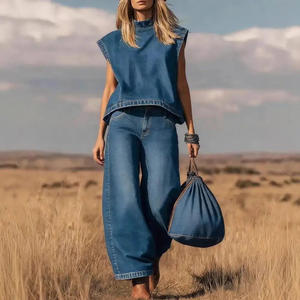 Office Casual Women Outfit Ladies' Summer Vintage Washed Denim Sleeveless Set Straight Leg Casual Pants OL Commuting Set - Kimlud