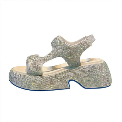 Fashion Luxury Rhinestone Women Sandals Summer New Sheepskin Elastic Band Thick-soled Open-toed Roman Flat Sandals