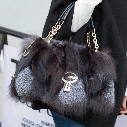 Fox Fur Women's Bag Fashion Large Capacity Furry Women's Handbag Designer Luxury Bag Handheld Crossbody High End Furry Bags Big