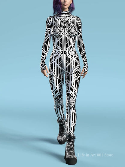 Black and White Pattern Zentai Suit Halloween Cosplay Morphsuit Women Rave Bodysuits Jumpsuits Tights Carnival Party Masquerade