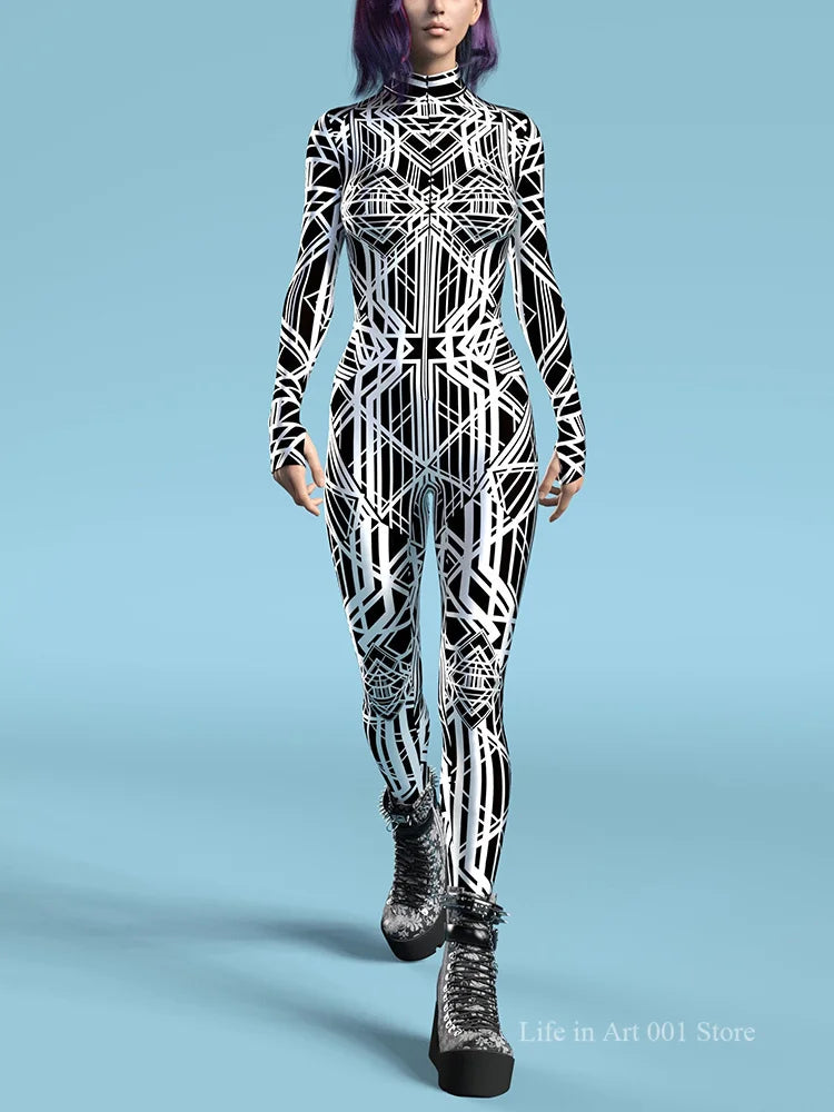Black and White Pattern Zentai Suit Halloween Cosplay Morphsuit Women Rave Bodysuits Jumpsuits Tights Carnival Party Masquerade