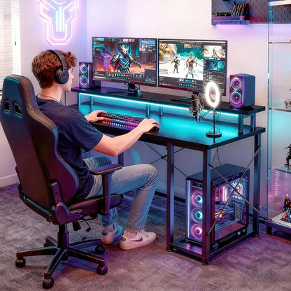 48 inch Gaming Desk with LED Lights amp Power Outlets, Computer Desk with Monitor Stand amp Storage Shelves, CPU Stand, Home Of - Kimlud