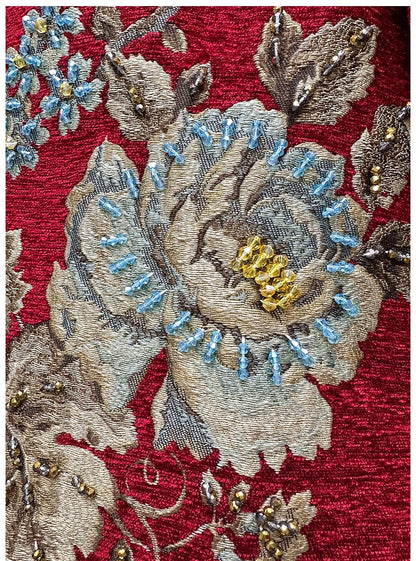 Autumn Winter New Women's Velvet Beaded Round Neck 3/4 Sleeve Burgundy Mid-Length Coat Chenille Texture Luxury Jacket