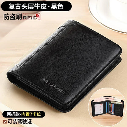 Men Wallet Genuine Leather Rfid Blocking Trifold Wallet Vintage Thin Short Multi Function ID Credit Card Holder Male Purse Money