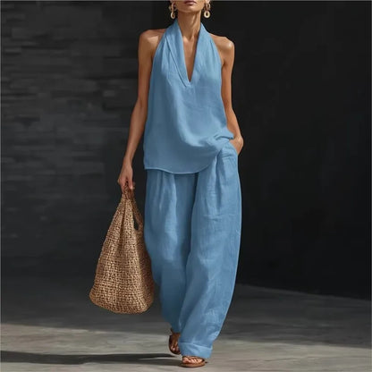 Casual Solid Set For Women Fashion Solid Sleeveless V Neck Tops+High Waist Wide Leg Pants 2 Piece Sets Lady Holiday Women's