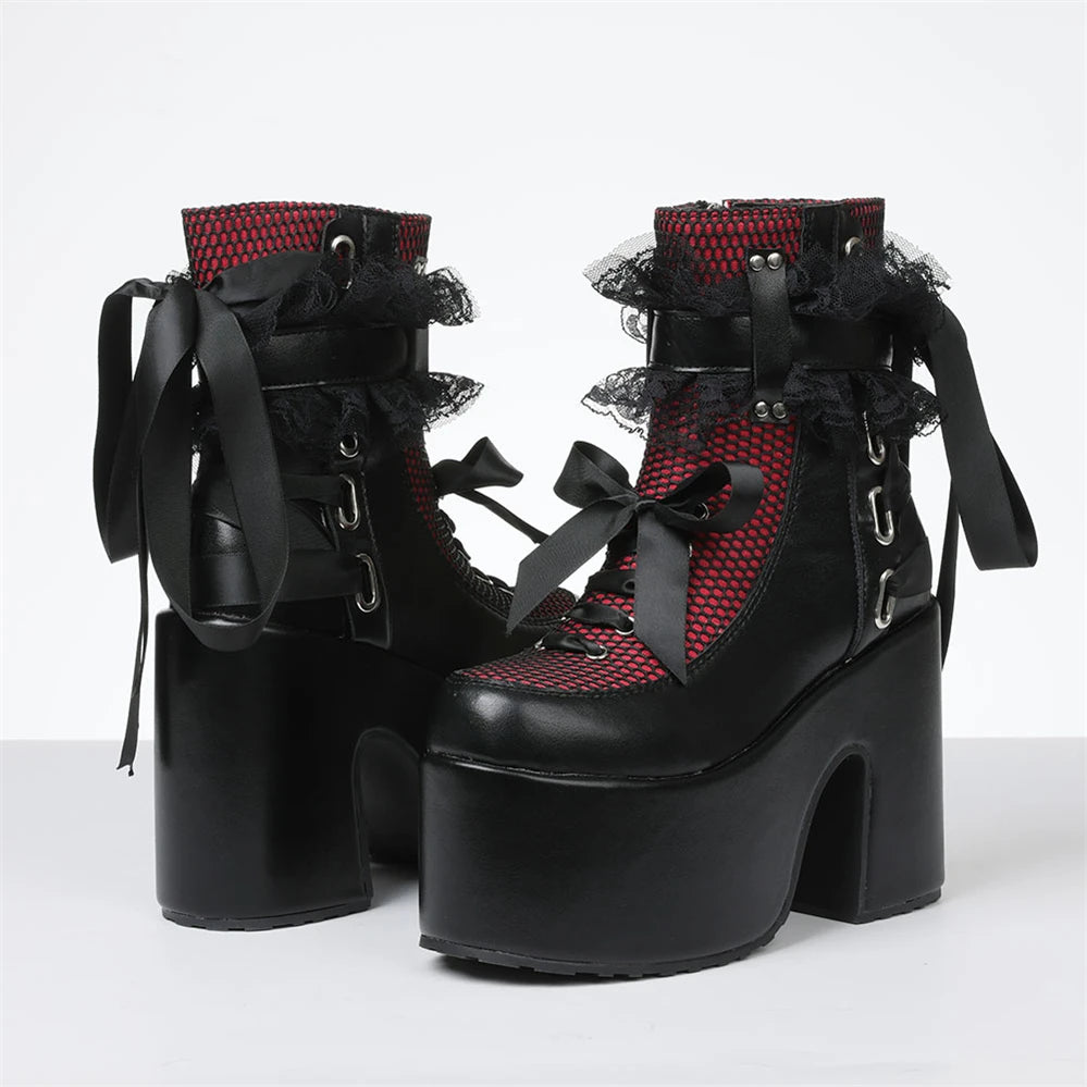 Y2k Gothic Short Boots Women Platform Chunky High Heels Bow Lace Decor Punk Fashion Women'S Ankle Boots Halloween Shoes Autumn W