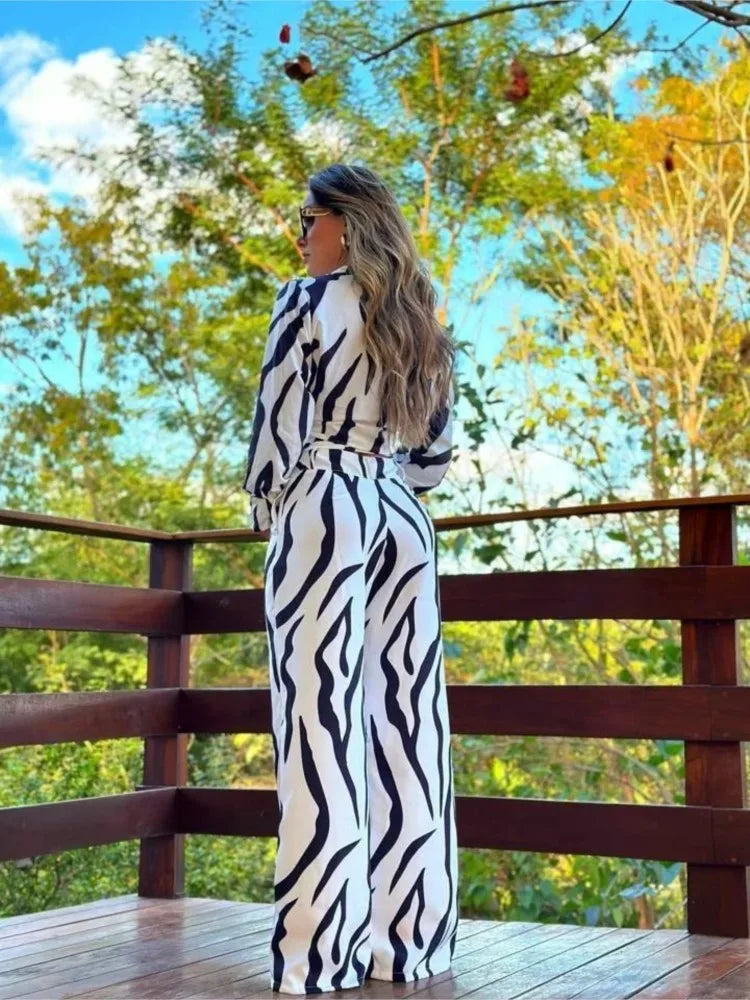 2023 Women's Casual Daily Shirt Set Floral Fashion Printed Shirt Spring Autumn Wide Leg Pants Women's Office Two-piece Set