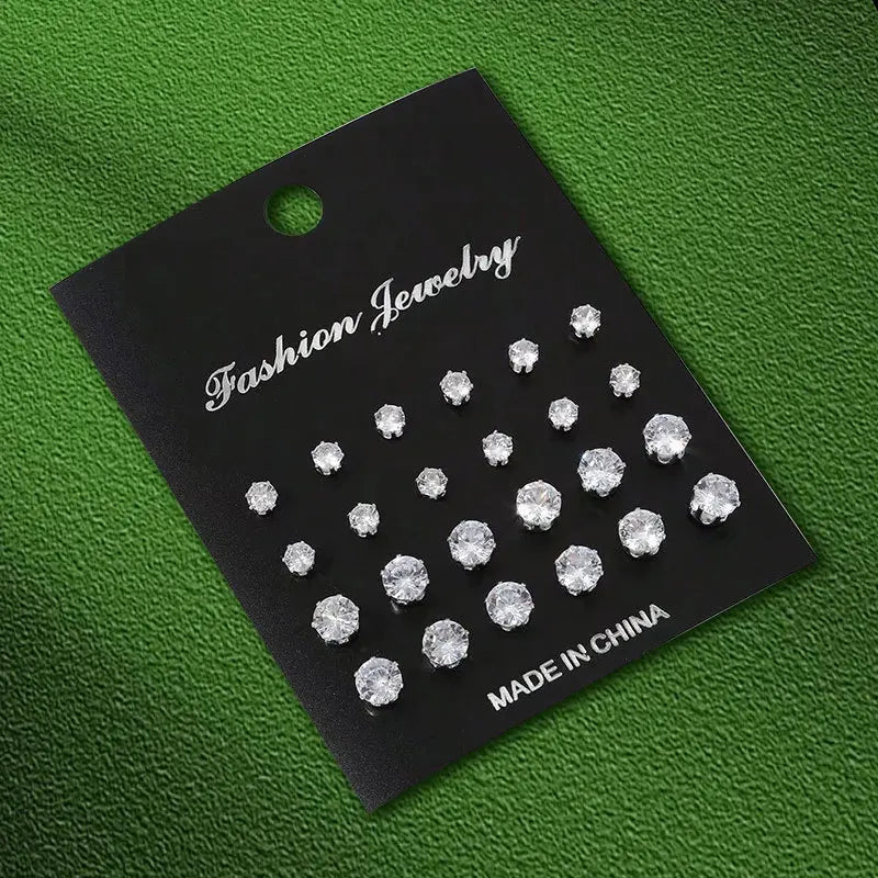 12 Pairs Set Stainless Steel Stud Earrings with Gemstone Buds Round Earrings Unisex Fashion Jewelry Gifts | Kimlud...