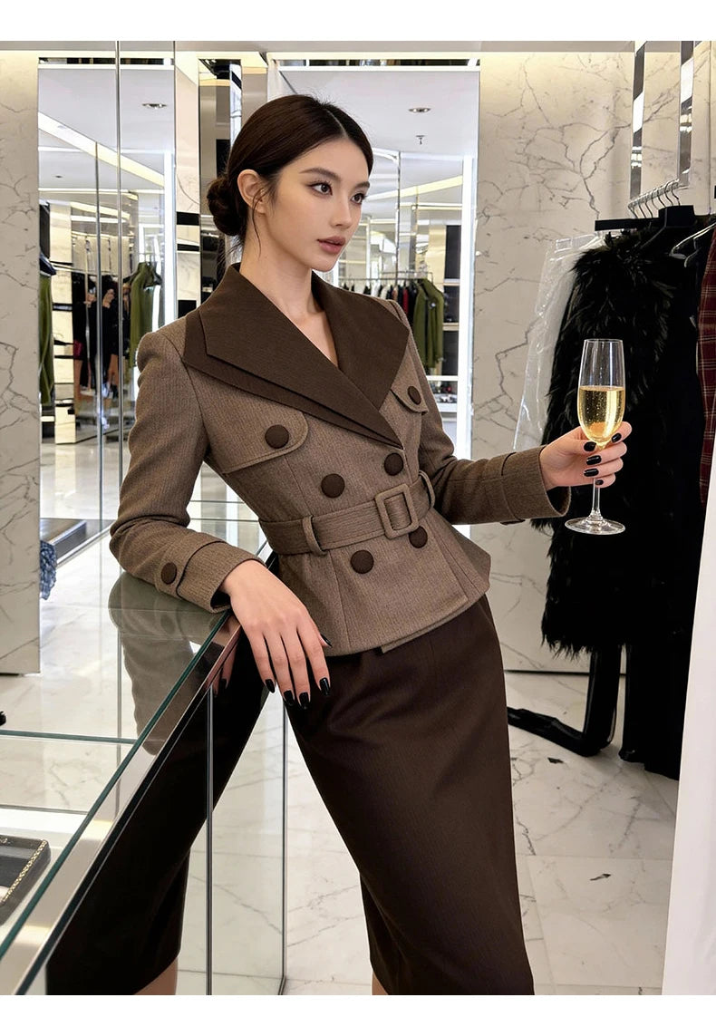 Women Elegant Brown Midi Dress Fake 2-Piece Wide Lapel High Waist Slim Pencil Robe Office Lady Business Formal Occasion...