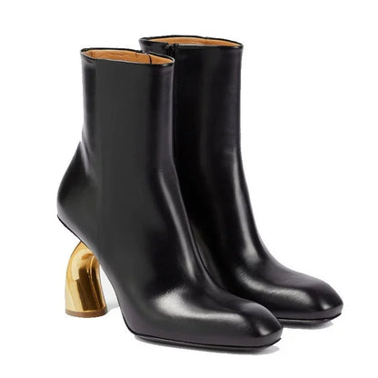 Stylish Metal Strange Heels Women's Ankle Boots Square Toe Zipper Solid Color Lady Pumps Elegant Commuting Madam Short Boots - Kimlud