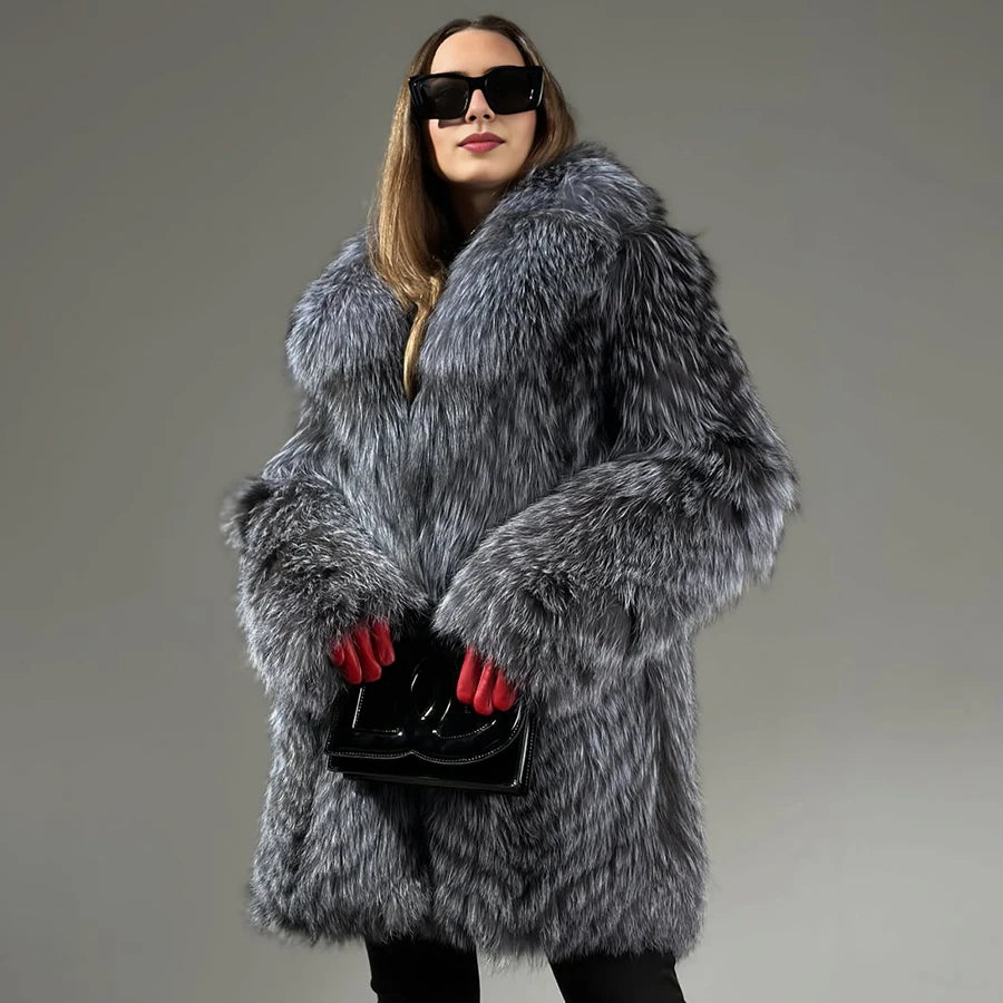 Natural Silver Fox Fur Coats With English Collar Women's Full Skin Fur Jacket Long Real Fox Fur Coat Best Seller Furry Jackets