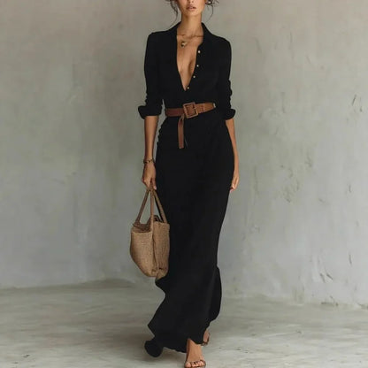 2025 New Autumn Woman Sexy Deep V Neck Hollow Long Dress Elegant Solid Belted Irregular Party Long Sleeve Slim Casual Dresses - Kimlud