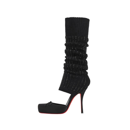 European AndAmerican Trendy High-heeled Square Toe Ballet Shoes for Women,sexy Rhinestone Bow Bag and Long Tube Socks,cool Boots - Kimlud