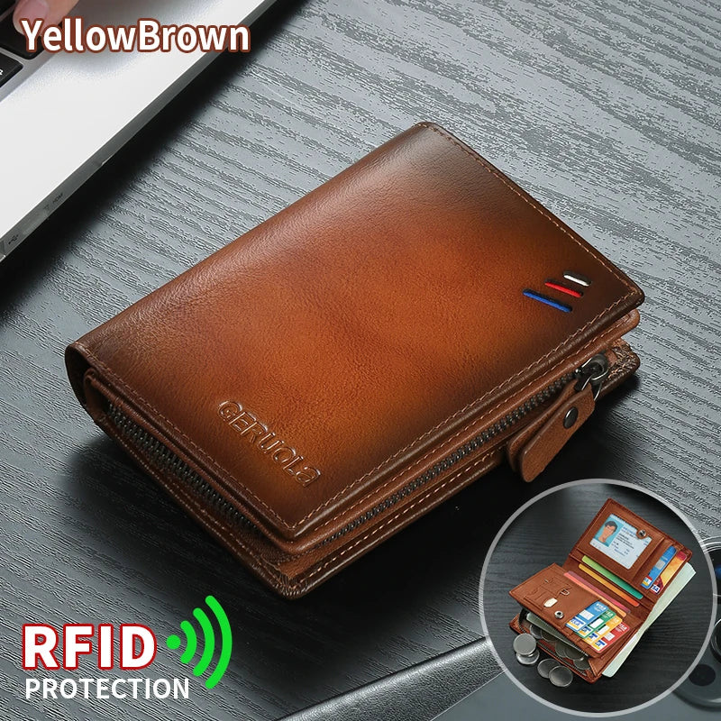 Men’s genuine leather wallet with zipped coin pocket, top-grain cowhide RFID-protected credit card holder | Kimlud Mid...