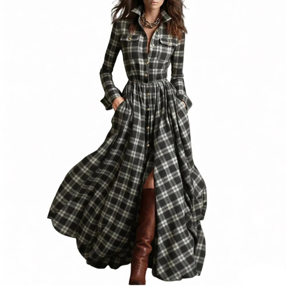 Retro Plaid Long Dresses Ladies Fashion Irregular Hem Slit Spring Autumn Long Sleeve Dress Western Style Buttons Shirt Dress New