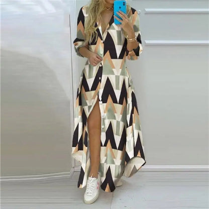 Summer Women Boho Printed Long Shirts Elegant Dress Turn-down Collar Long Sleeve Female Casual Split Shirt Evening Maxi Dresses