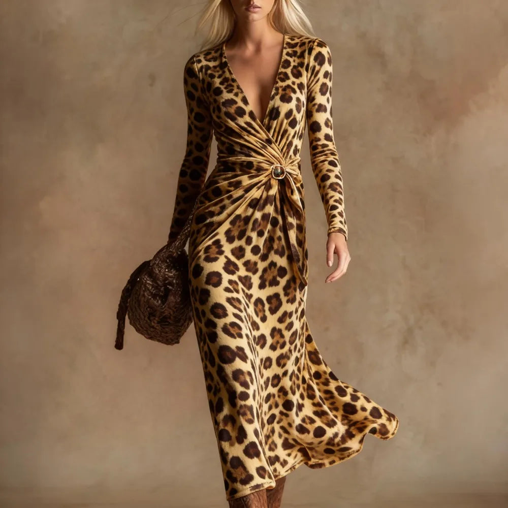 Sexy Leopard Print Velvet Maxi Dress Women Long Sleeve V Neck Twist Front Elegant Cocktail Party Dress Vacation Evening Dress